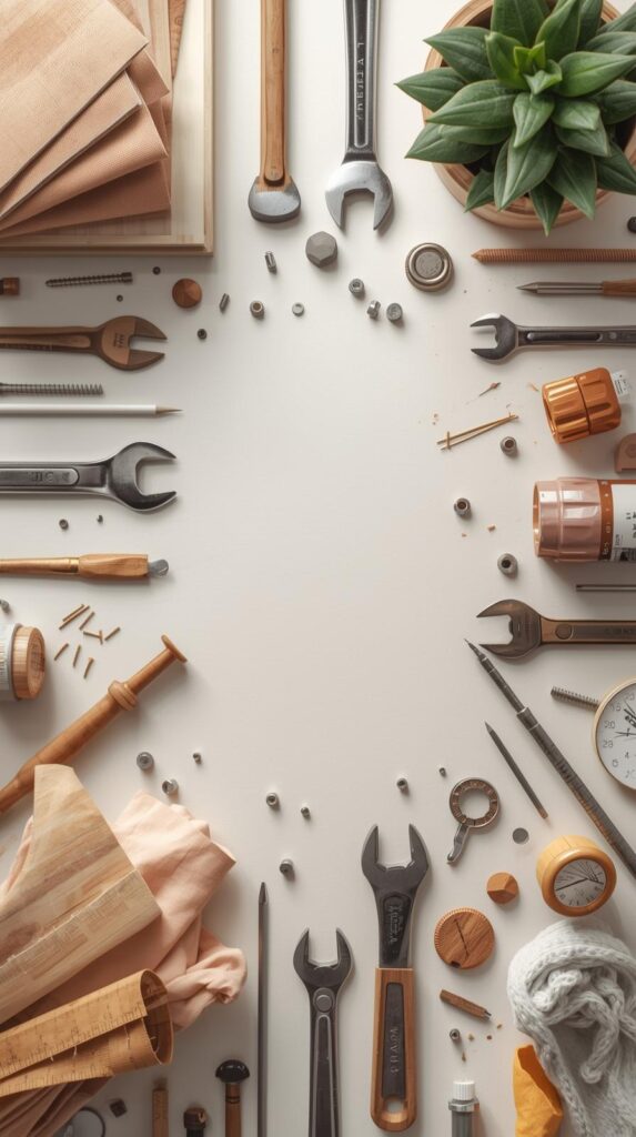 A circular arrangement of various tools and materials on a white surface, including wrenches, screwdrivers, screws, nails, a potted plant, a clock, a tape measure, rolled-up blueprints, and a piece of fabric, with a central empty space.