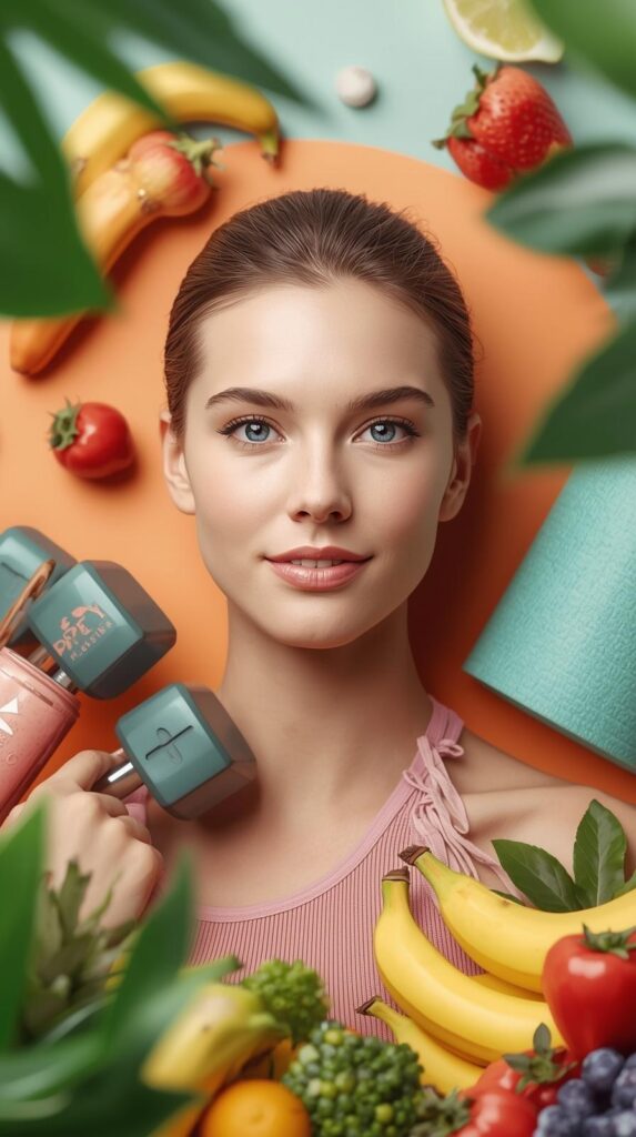 Young woman with serene expression, surrounded by fruits (bananas, strawberries, tomatoes, grapes), green leaves, holding dumbbells, with yoga mat and bottle on orange-teal backdrop.