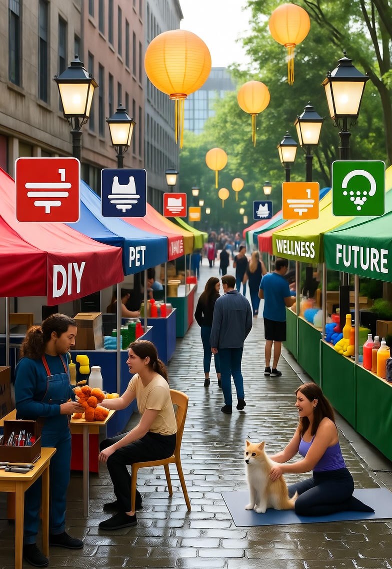 About Photorealistic outdoor marketplace on rain-slicked cobblestone streets with vintage lamps, featuring diverse people with tools, pets, yoga, and future niches, with lanterns, deal symbols, and English signs, reflecting smart deals and better living for offernesthub.com
