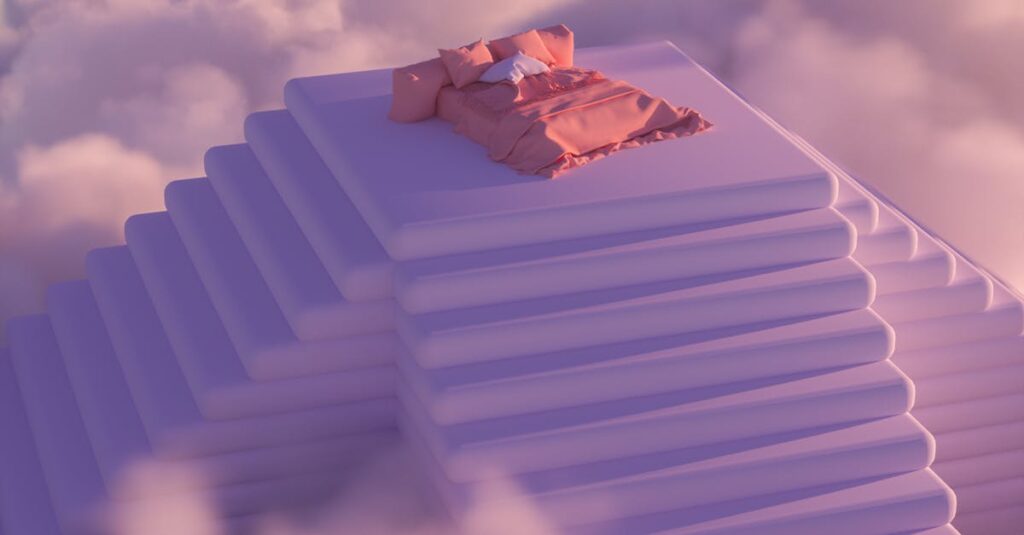 A dreamlike scene with a bed atop stairs surrounded by pink clouds, evokes serenity.